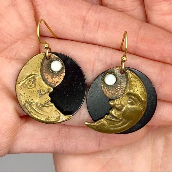 Vintage Gold and Black Moon Face Earrings with Pearl Accent - Picture 4 of 4